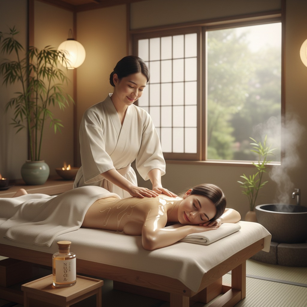 Una masajista aplica aceite en la espalda de una mujer que descansa relajada sobre una camilla en un spa de estilo japonés.