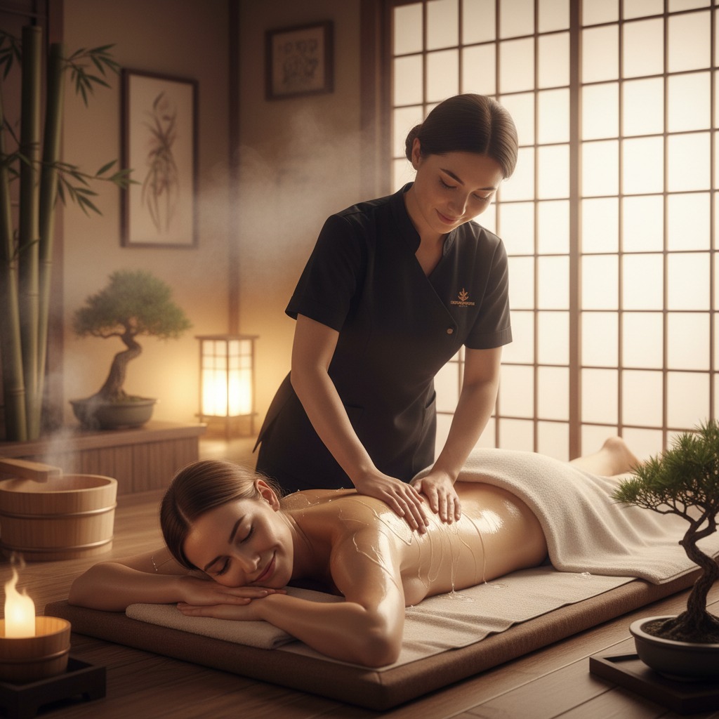 Una masajista profesional realiza un tratamiento relajante a una clienta en un spa de estilo japonés.