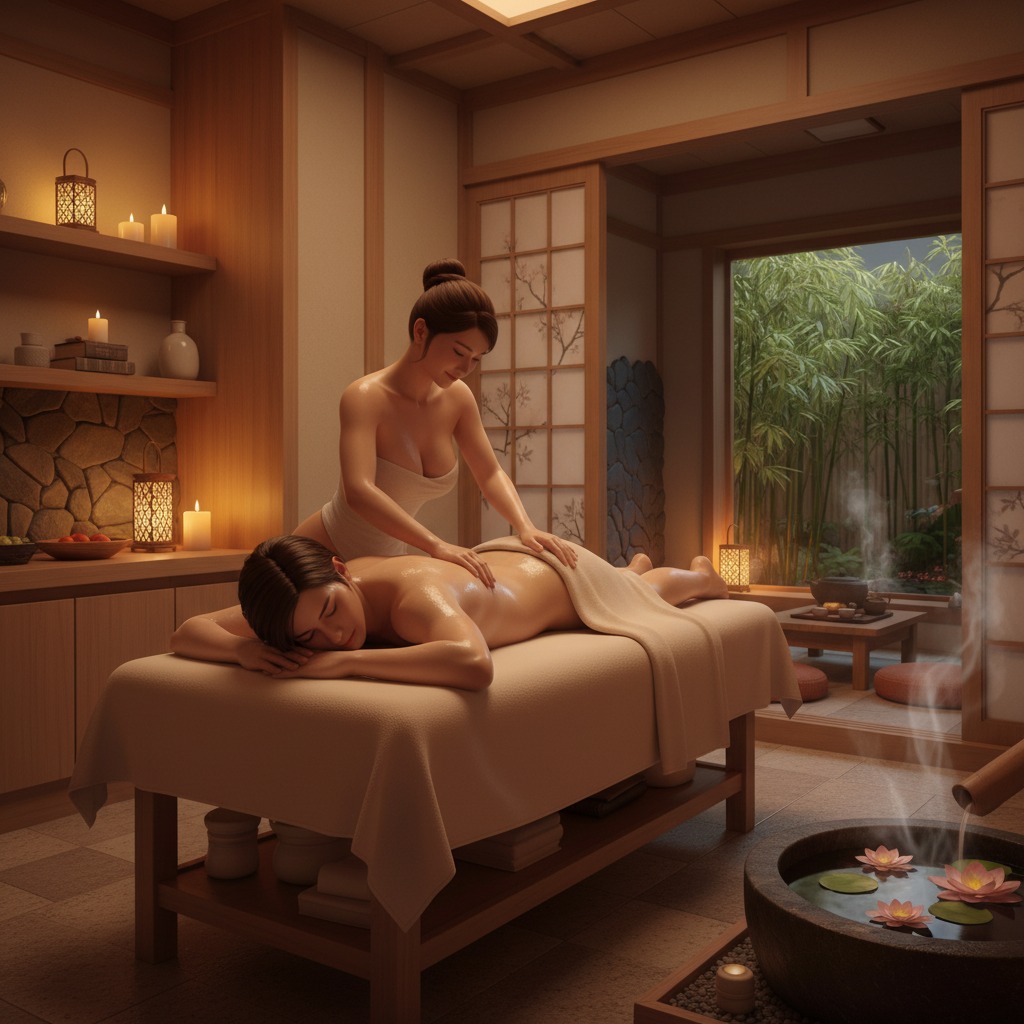 Una masajista realiza un tratamiento relajante a una mujer en una sala de spa de estilo japonés con vistas a un jardín de bambú.