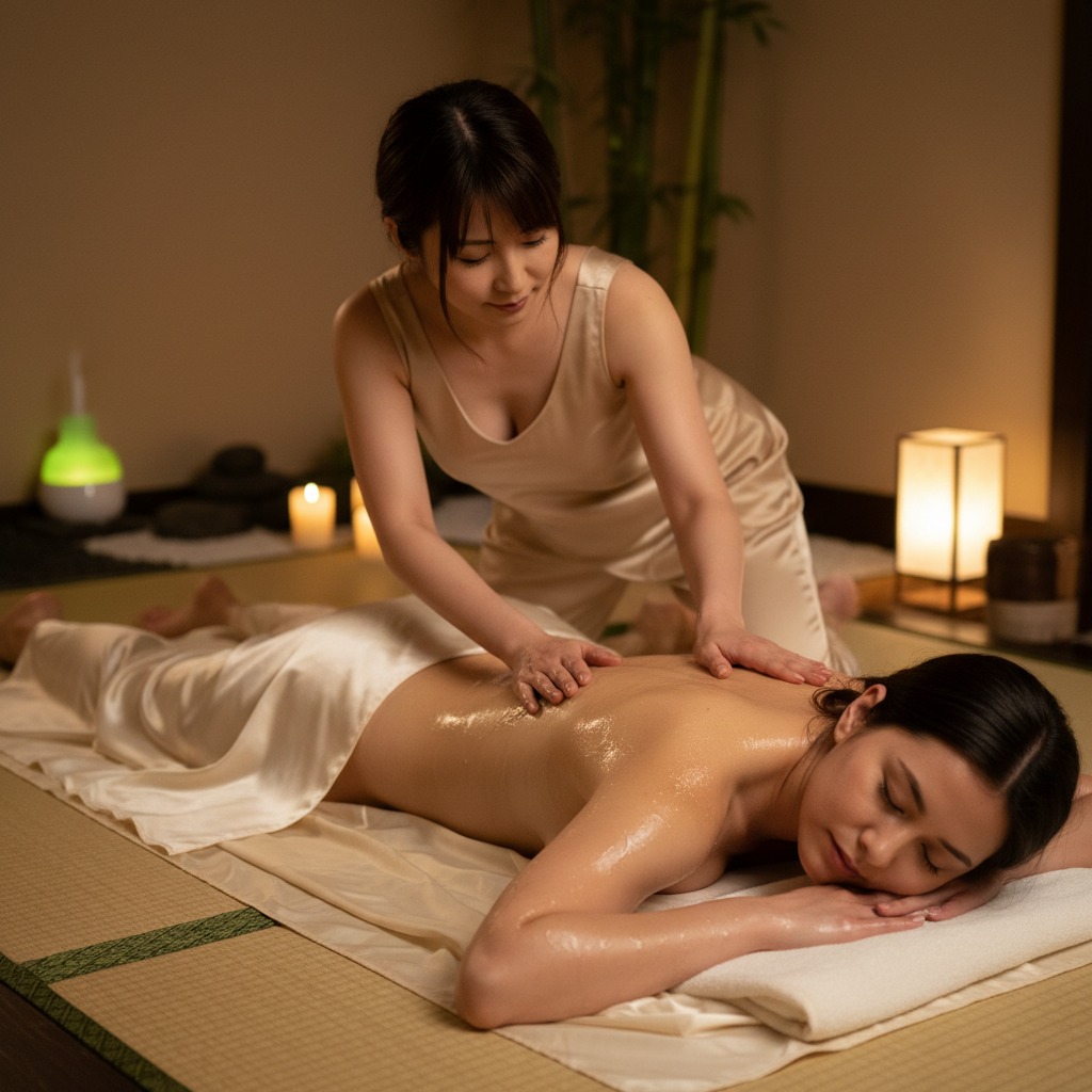 Una masajista aplica aceite en la espalda de una mujer que recibe un tratamiento relajante en un spa.