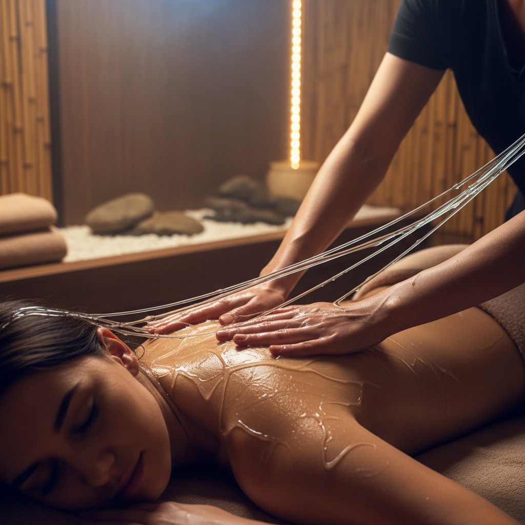 Una masajista aplica aceite sobre la espalda de una mujer que recibe un tratamiento relajante en un spa.